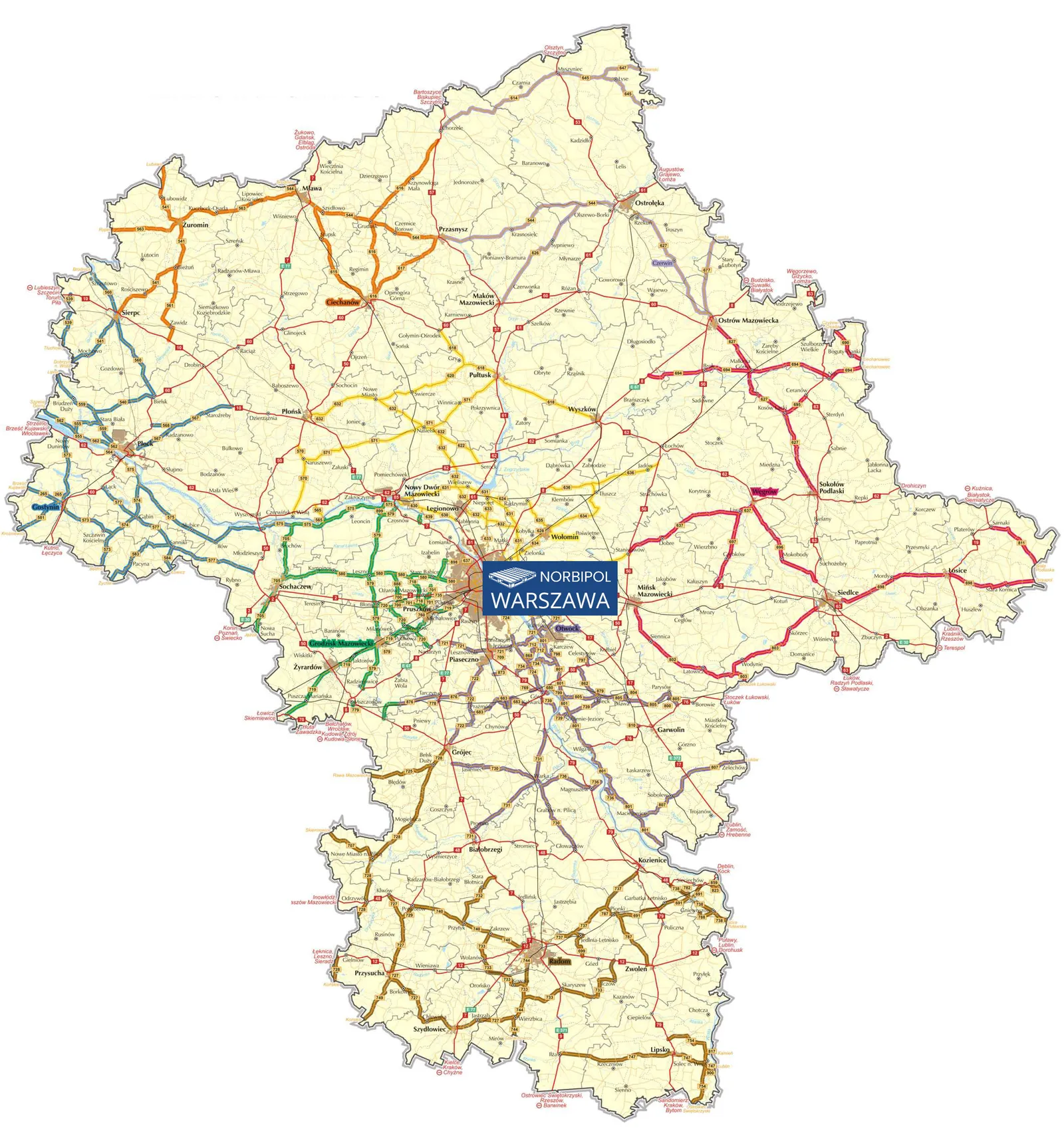 Mapa województwa mazowieckiego z podziałem na region wschodni i zachodni